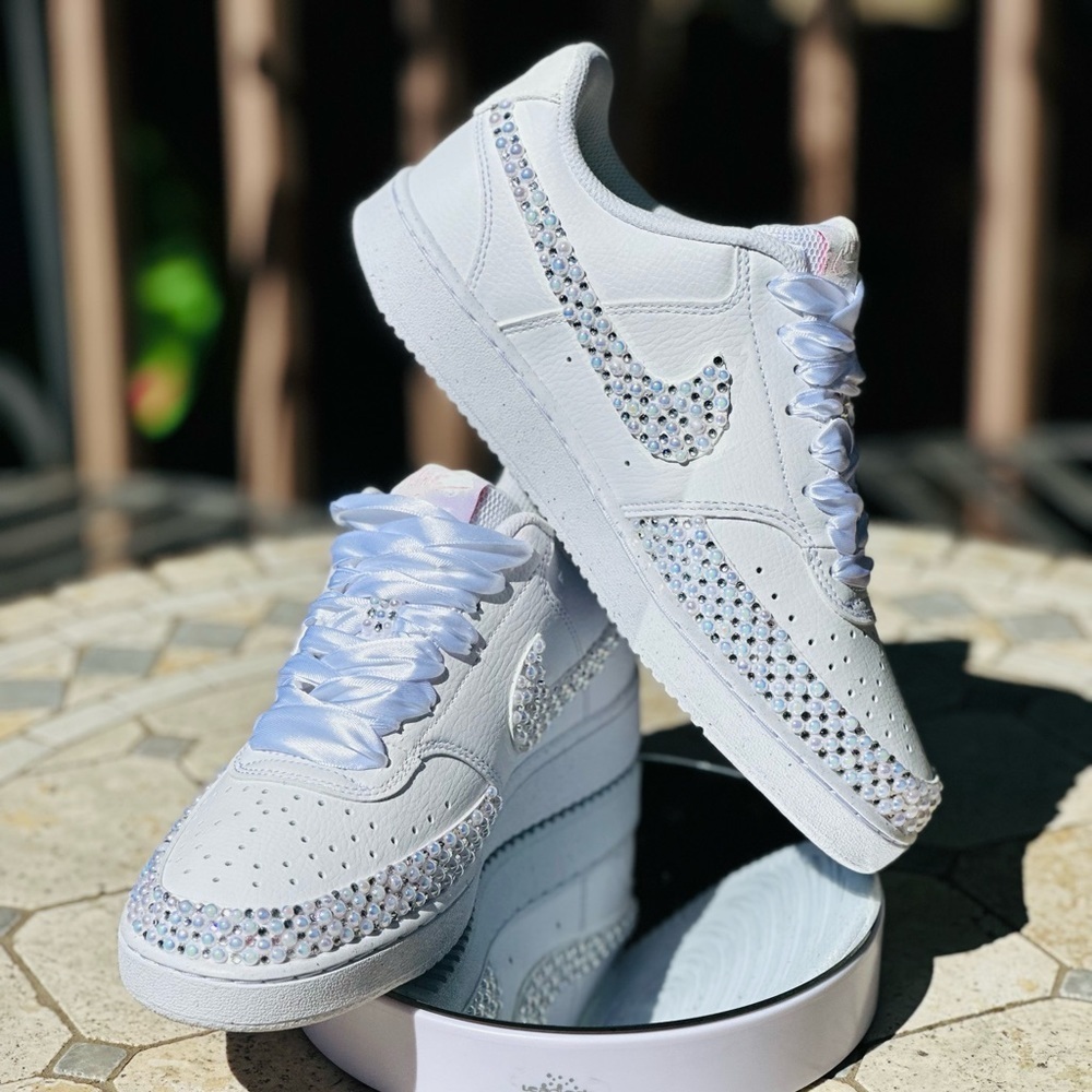 Nike Court White Pearl Sneakers, Rhinestone Wedding Pearl Shoes